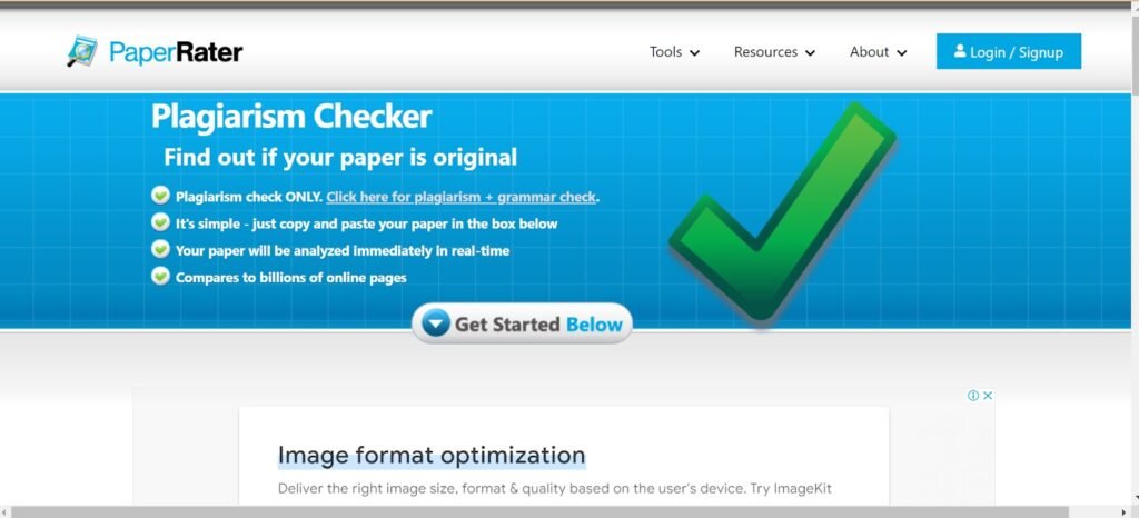 PaperRater Plagiarism checker tool screenshot 