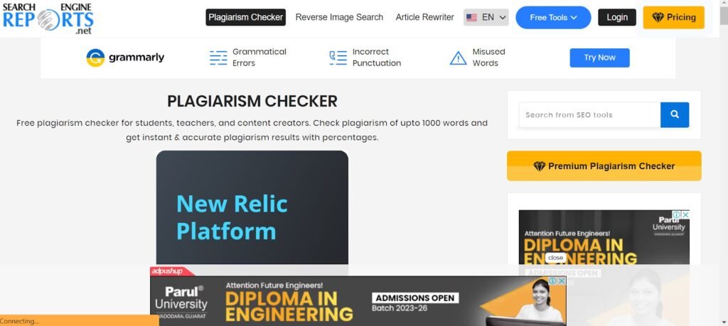 Search Engine Reports Plagiarism checker tool screenshot 