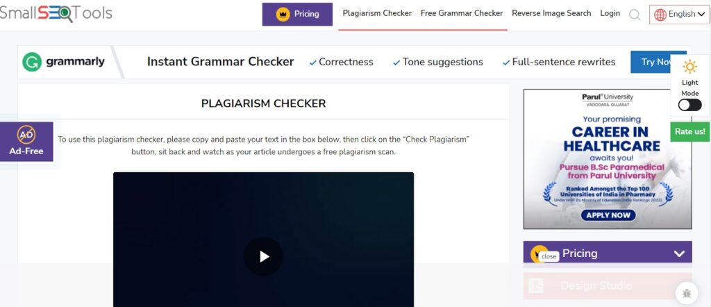 Smallseo tools plagiarism tool screenshot