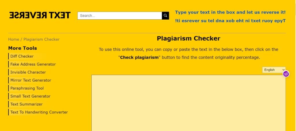Textreverse plagiarism tool screenshot