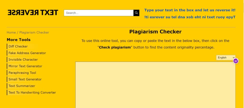 Textreverse plagiarism tool screenshot